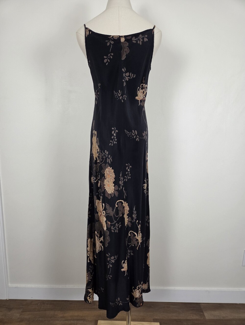 Silk Floral Maxi Dress Size Small Black Tan Lightweight Formal (u) - Picture 10 of 13